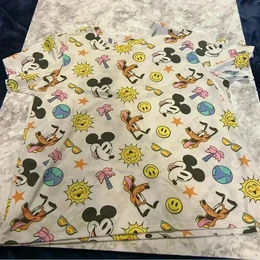 Women’s Disney Mickey Mouse Pluto All Over Summer Fun Print Shirt Size 2XL